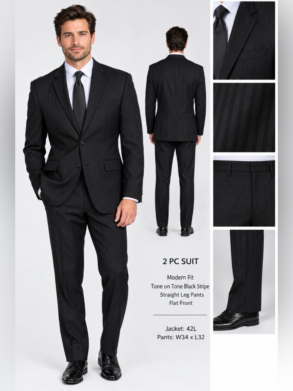 Claiborne Mens Modern Fit Suit 42L W34 L32 Black Pinstripe 2-Piece Set Polyester